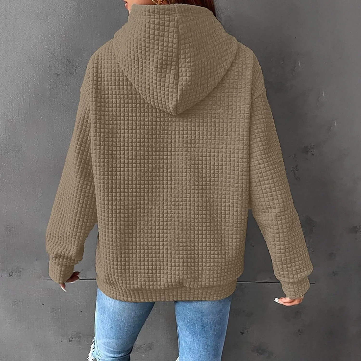 Womens Hoodies Casual Long Sleeve Drawstring Waffle Knit Pullover Tops Loose Hooded Sweatshirt with Pocket Fall Clothes