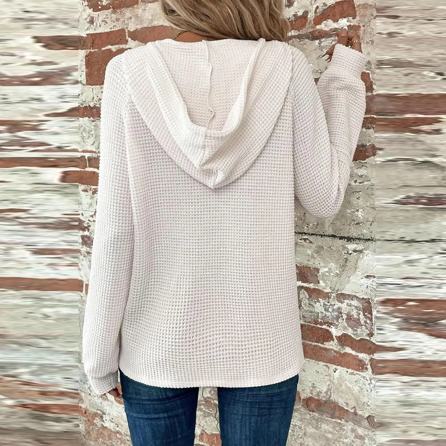 Womens Hoodies Hoodies for Women Waffle Knit Drawstring Button V Neck Long Sleeve Casual Pullover Sweatshirt Hooded Tops