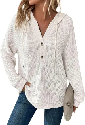 Womens Hoodies Hoodies for Women Waffle Knit Drawstring Button V Neck Long Sleeve Casual Pullover Sweatshirt Hooded Tops