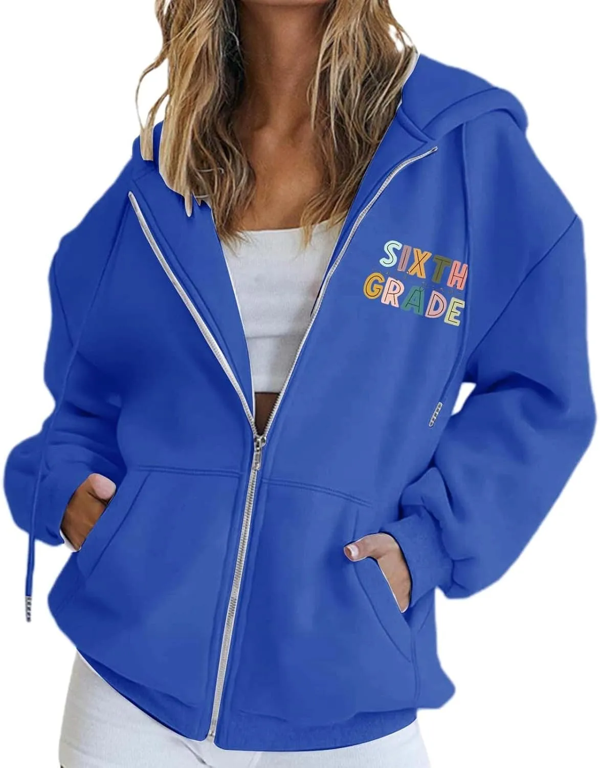 Womens Hoodies Letter Print Drawstring Long Sleeve Hooded Sweatshirt Autumn Casual Coat Zip Up Jackets with Pocketes