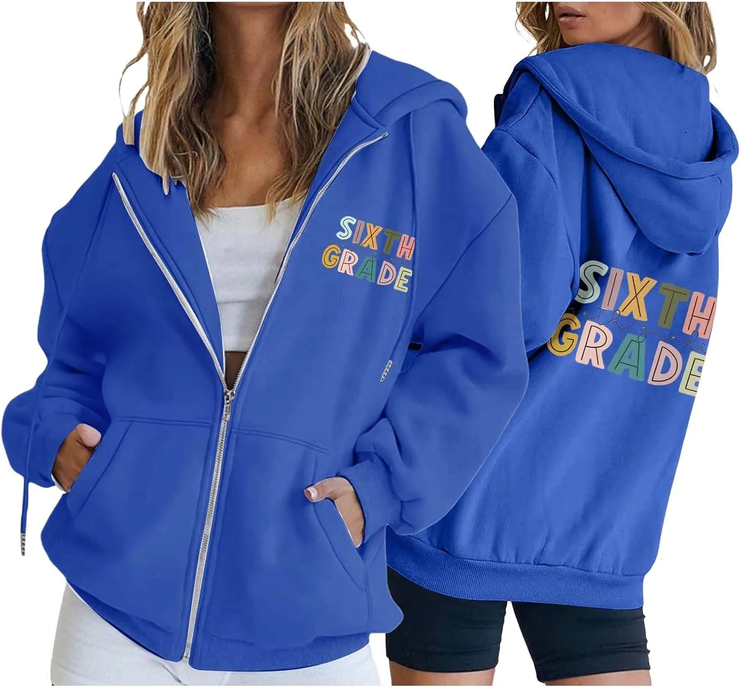 Womens Hoodies Letter Print Drawstring Long Sleeve Hooded Sweatshirt Autumn Casual Coat Zip Up Jackets with Pocketes