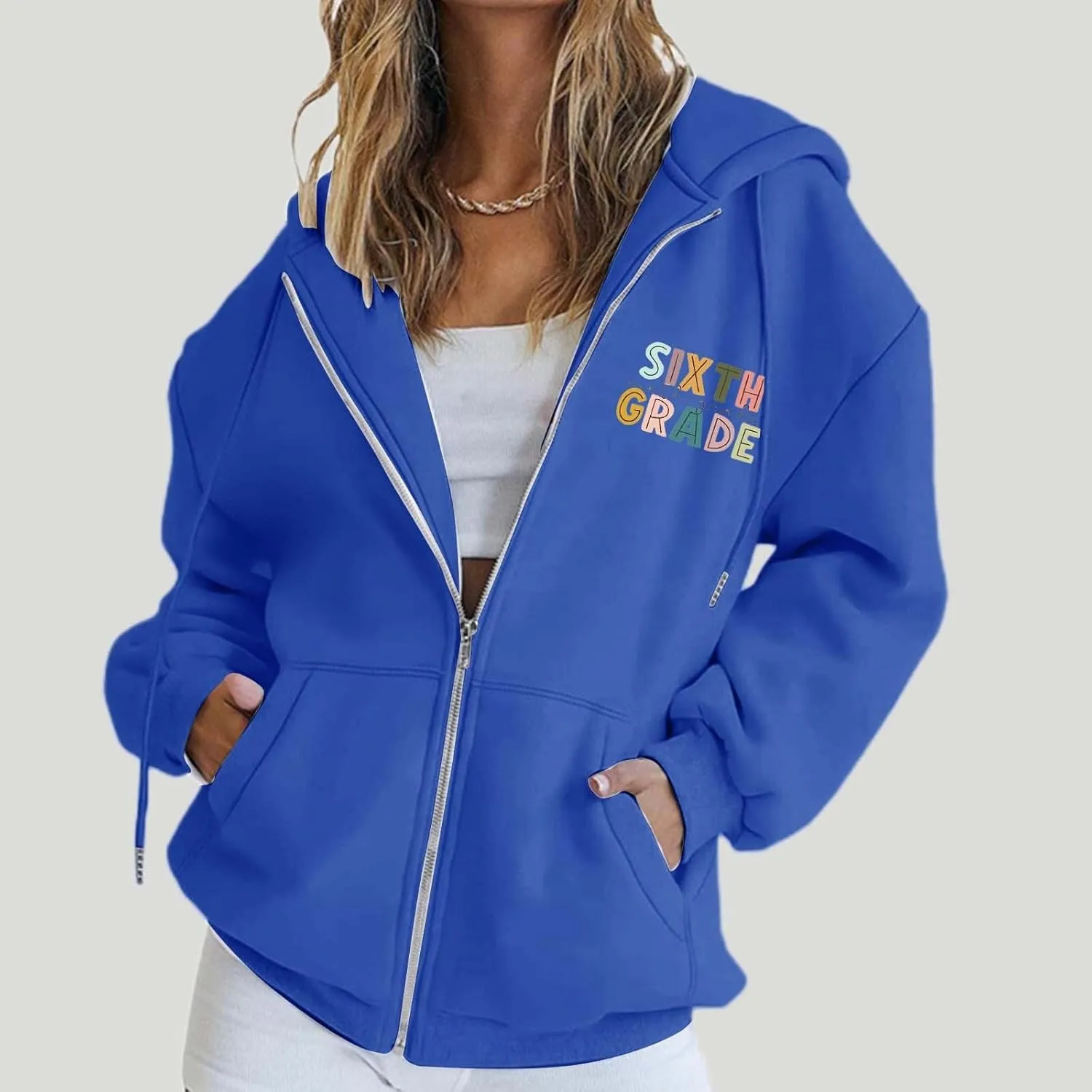 Womens Hoodies Letter Print Drawstring Long Sleeve Hooded Sweatshirt Autumn Casual Coat Zip Up Jackets with Pocketes