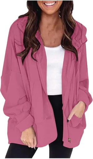 Womens Hoodies Oversized Sweatshirt Loose Casual Long Sleeve Zip Up Fall Outfits Fashion Jackets Outwear with Pockets