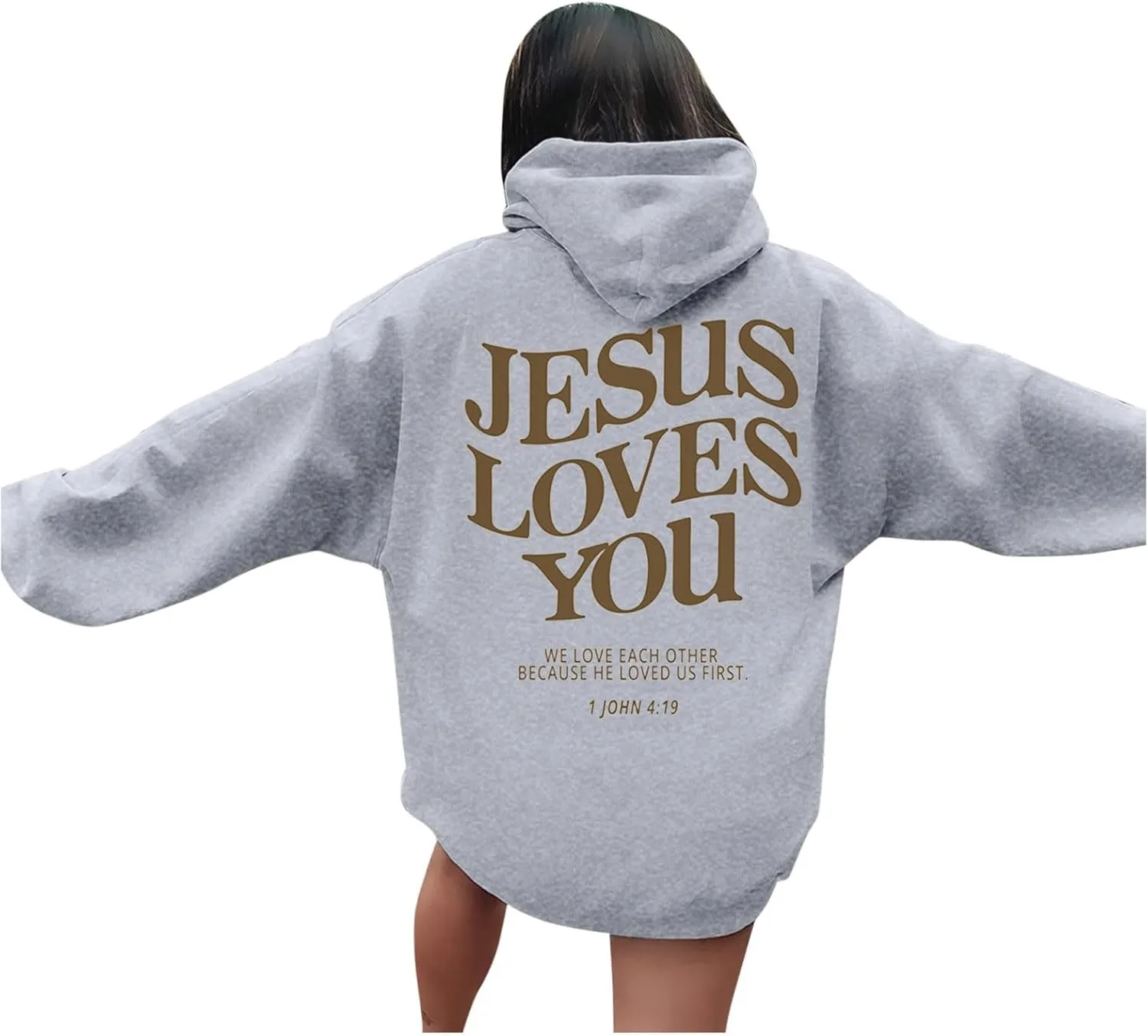 Womens Hoodies Pullover Jesus Loves You Letter Print Pullover Hoodie With Pocket Drop Shoulder Oversize Fall Winter Trendy