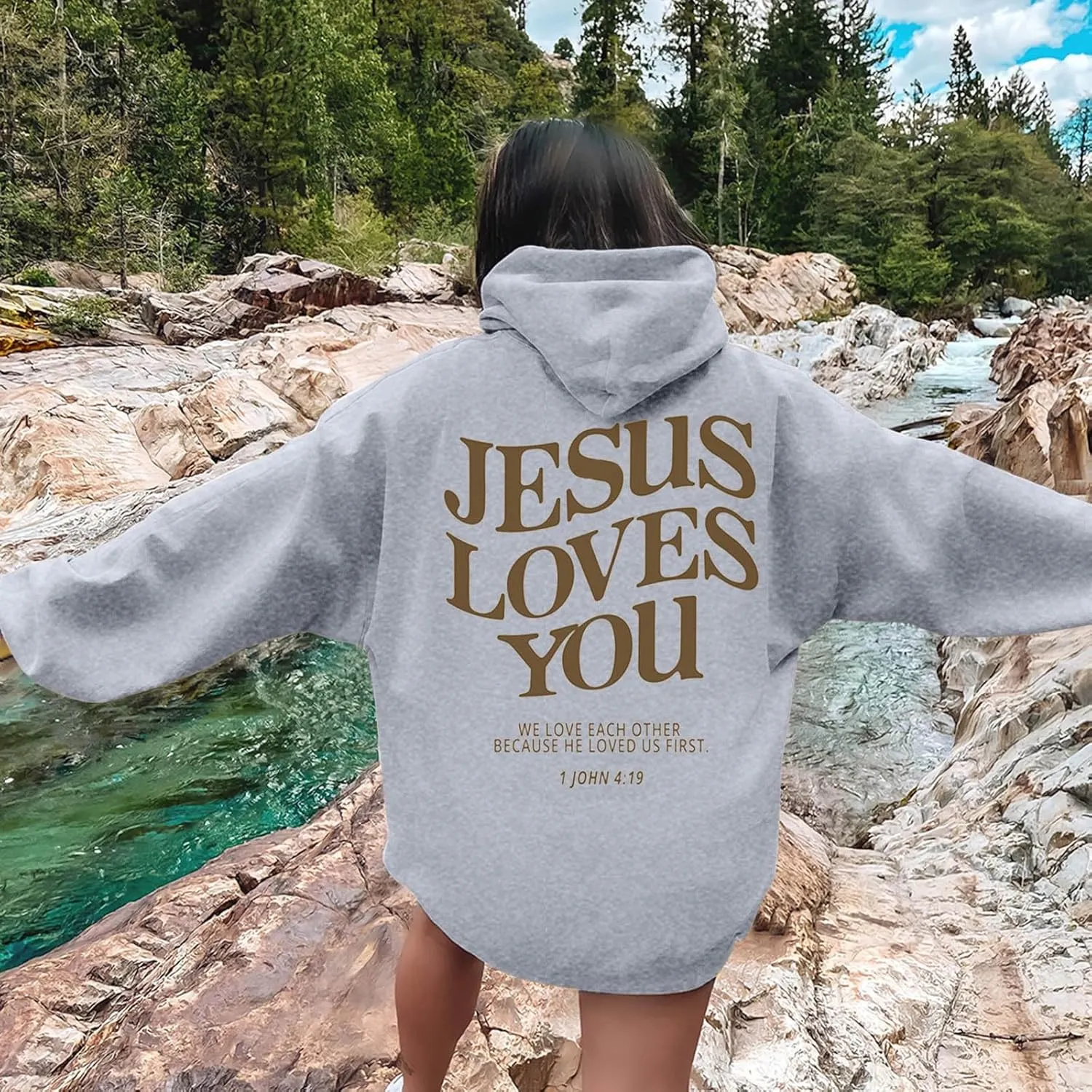 Womens Hoodies Pullover Jesus Loves You Letter Print Pullover Hoodie With Pocket Drop Shoulder Oversize Fall Winter Trendy