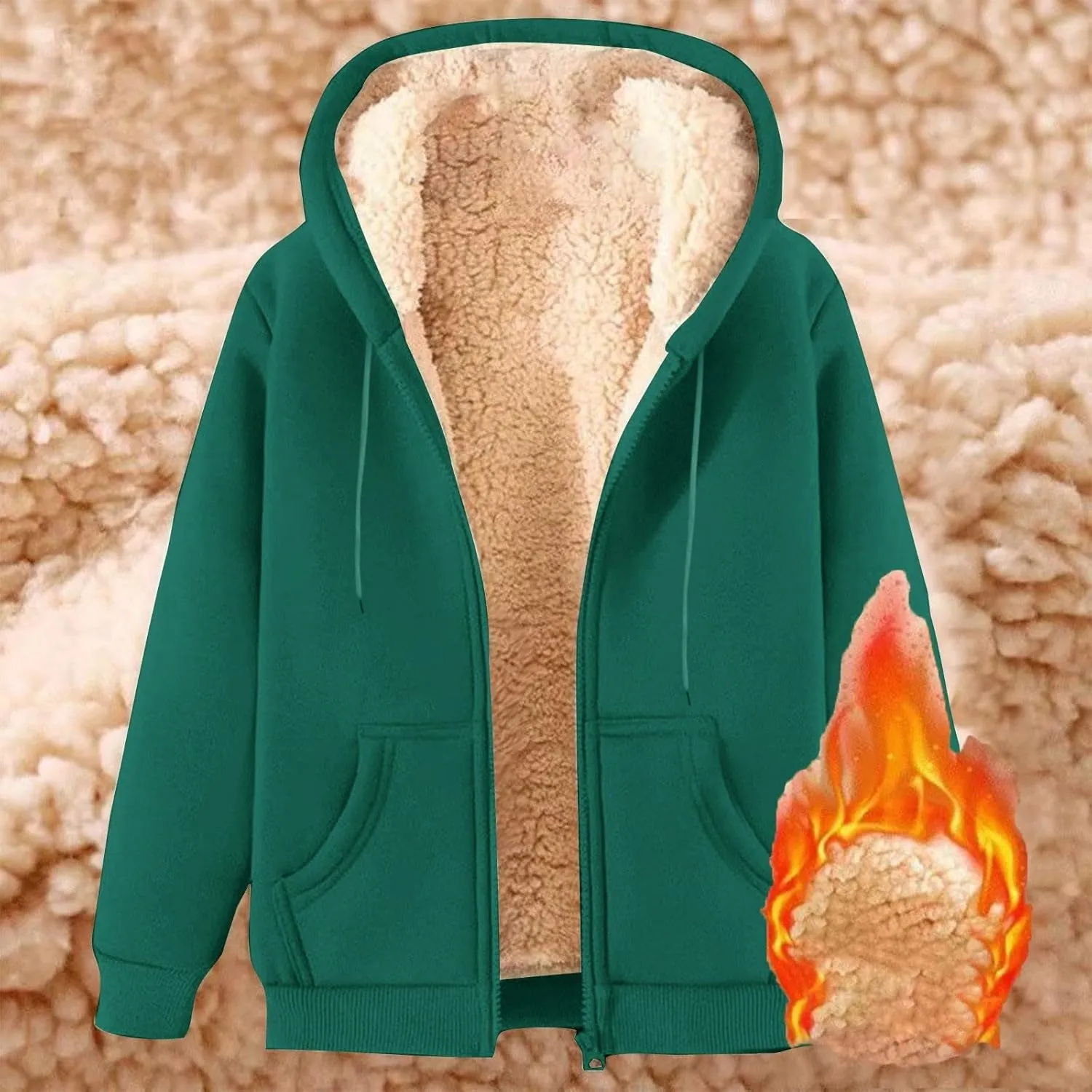Womens Hoodies Sherpa Lined Fleece Thermal Jacket Full Zip Drawstring Hooded Outwear Winter Warm Casual Thick Coats