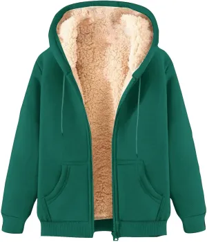 Womens Hoodies Sherpa Lined Fleece Thermal Jacket Full Zip Drawstring Hooded Outwear Winter Warm Casual Thick Coats