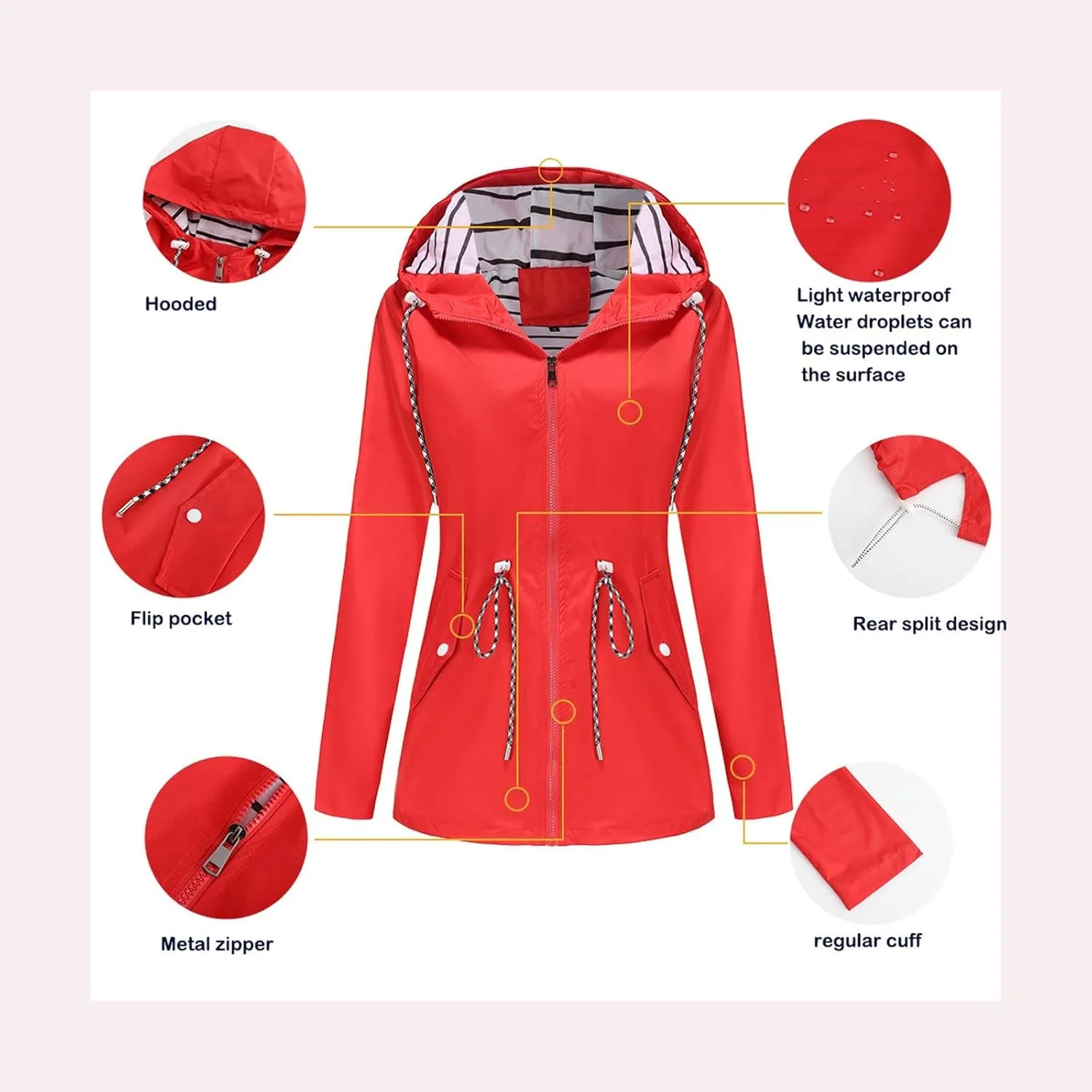 Women's Lightweight Hooded Waterproof Jacket Long Sleeve Oversized Outdoor Windbreaker Mid-Length Hooded Rain Coat