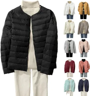 Womens Lightweight Puffer Jackets Fashion Collarless Button Down Jacket Packable Loose Winter Warm Down Coats