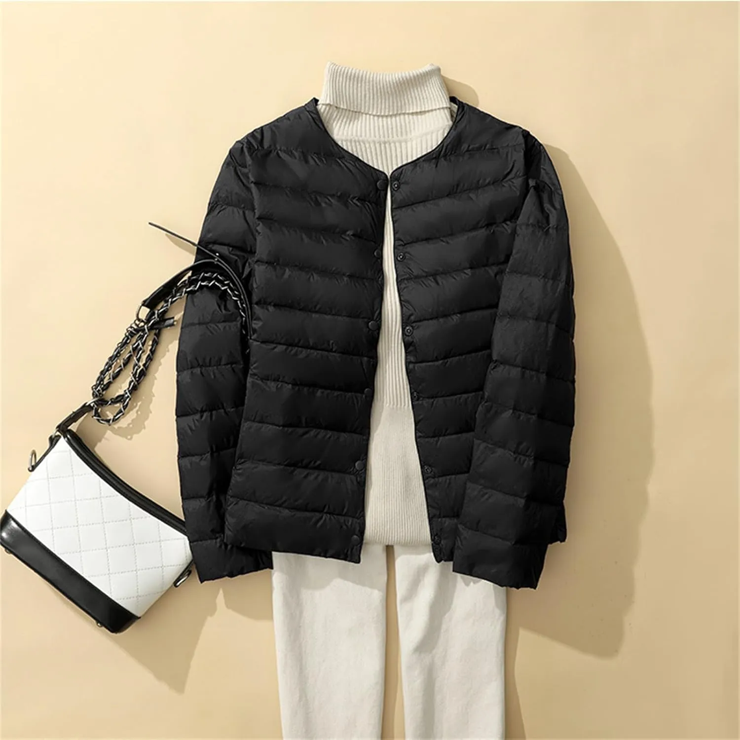 Womens Lightweight Puffer Jackets Fashion Collarless Button Down Jacket Packable Loose Winter Warm Down Coats
