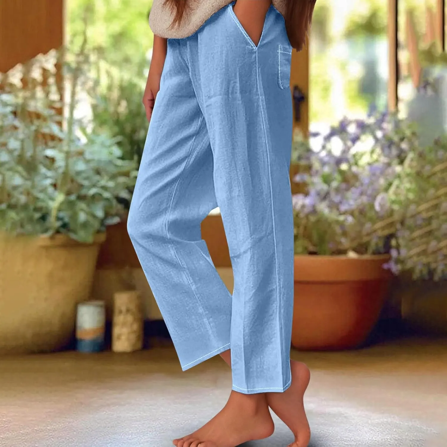 Womens Linen Pants Casual Wide Leg Pants Summer Palazzo Pants Loose Beach Pants Elastic Trousers with Pockets