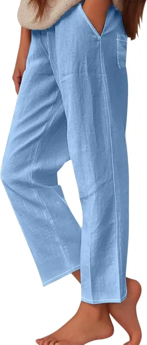 Womens Linen Pants Casual Wide Leg Pants Summer Palazzo Pants Loose Beach Pants Elastic Trousers with Pockets