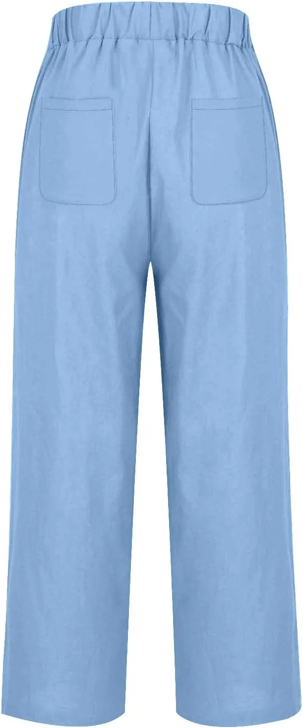 Womens Linen Pants Casual Wide Leg Pants Summer Palazzo Pants Loose Beach Pants Elastic Trousers with Pockets