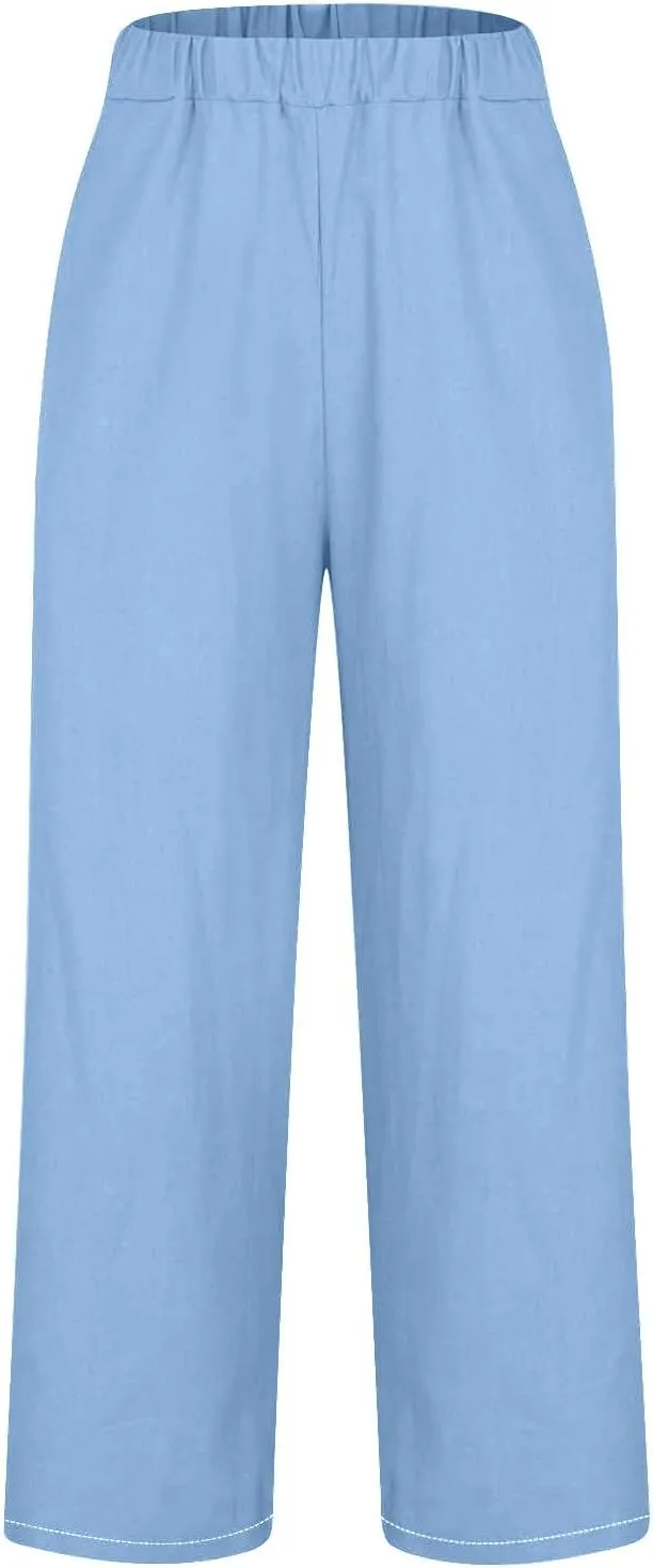 Womens Linen Pants Casual Wide Leg Pants Summer Palazzo Pants Loose Beach Pants Elastic Trousers with Pockets