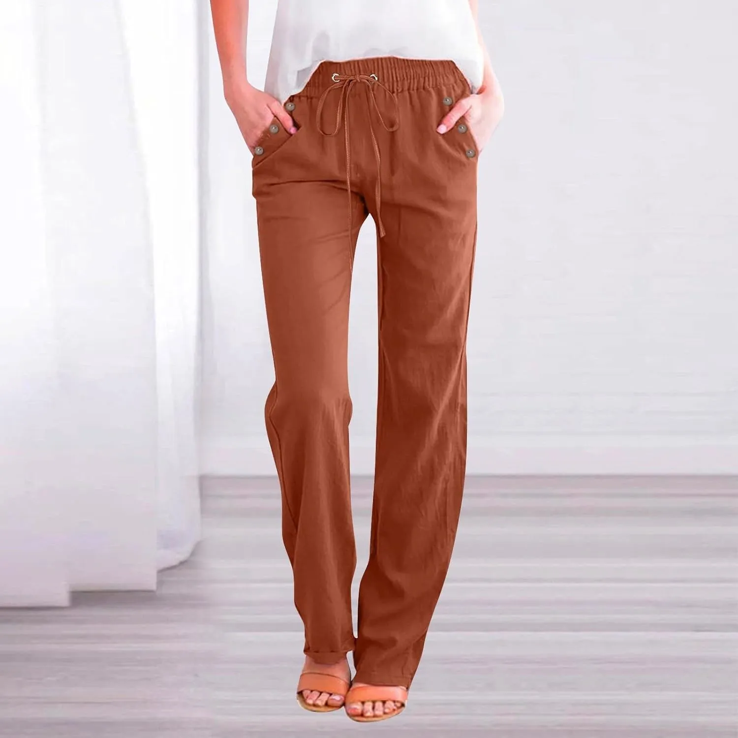 Womens Linen Pants High Waisted Wide Leg Pants Summer Boho Palazzo Pants Lightweight Flowy Beach Pants with Pockets