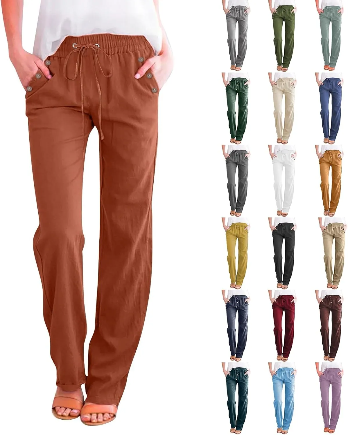 Womens Linen Pants High Waisted Wide Leg Pants Summer Boho Palazzo Pants Lightweight Flowy Beach Pants with Pockets