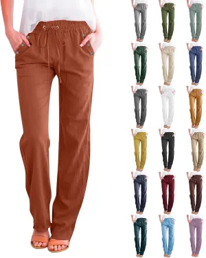 Womens Linen Pants High Waisted Wide Leg Pants Summer Boho Palazzo Pants Lightweight Flowy Beach Pants with Pockets