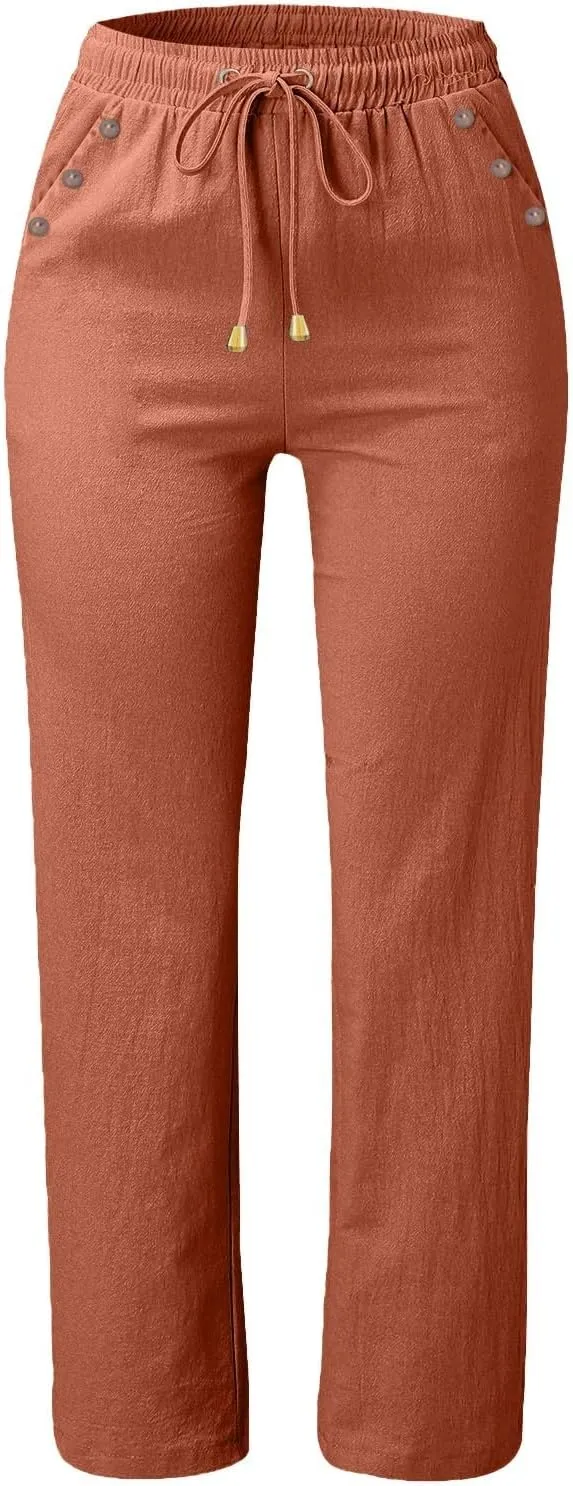 Womens Linen Pants High Waisted Wide Leg Pants Summer Boho Palazzo Pants Lightweight Flowy Beach Pants with Pockets