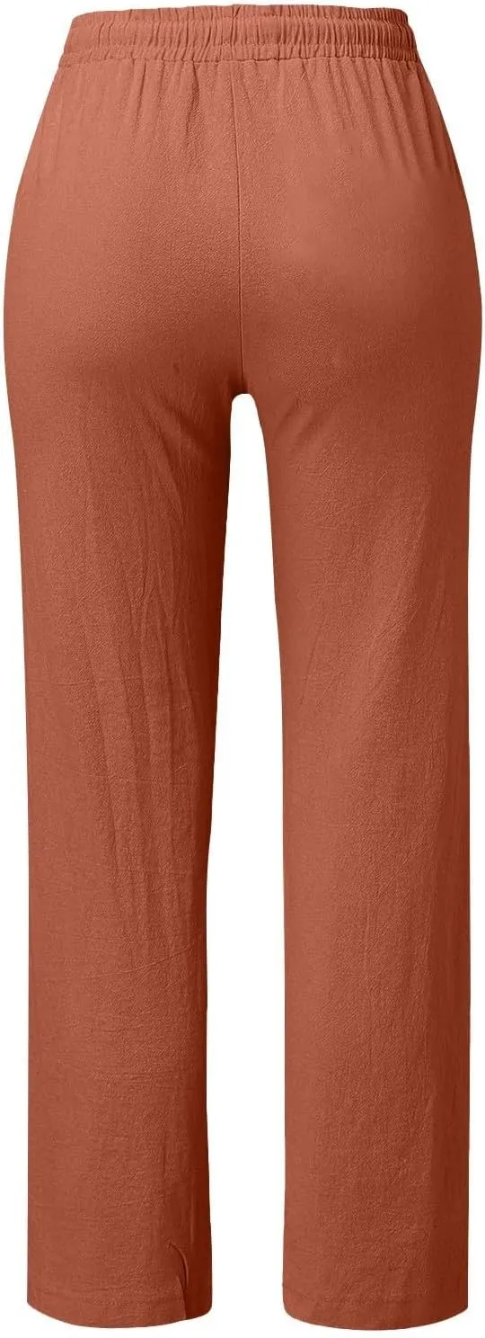 Womens Linen Pants High Waisted Wide Leg Pants Summer Boho Palazzo Pants Lightweight Flowy Beach Pants with Pockets