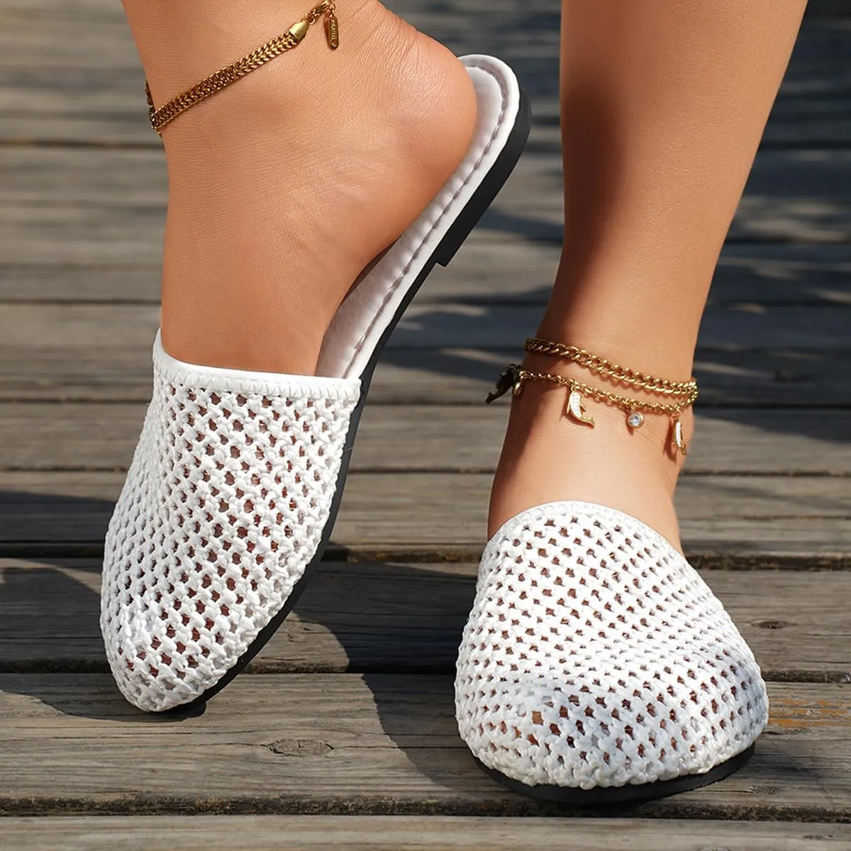 Women's Mesh Wrap Toe Flat Sandals - One Foot Stirrup Handmade Woven Design Mule Shoes, Fashionable and Comfortable Summer Casual Beach Slippers