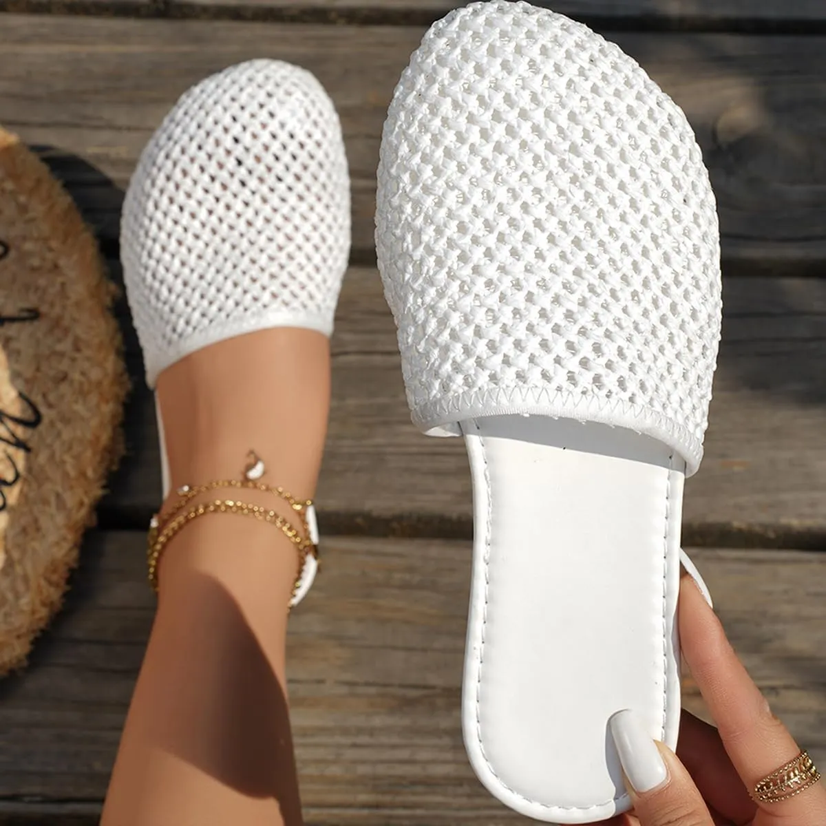 Women's Mesh Wrap Toe Flat Sandals - One Foot Stirrup Handmade Woven Design Mule Shoes, Fashionable and Comfortable Summer Casual Beach Slippers