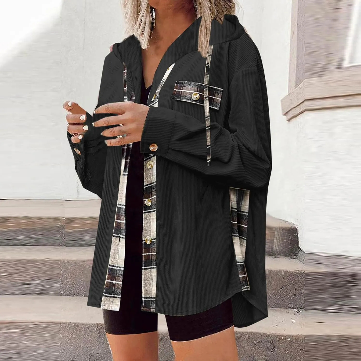 Womens Oversized Corduroy Shacket Plaid Jackets Flannel Hoodie Button Down Long Sleeve Shirts Tops Cute Fall Outfits