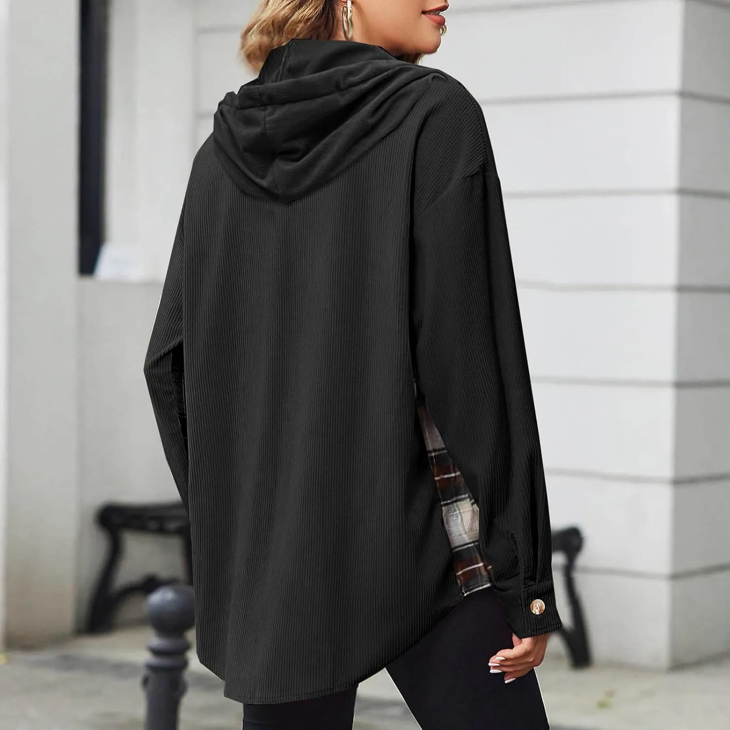 Womens Oversized Corduroy Shacket Plaid Jackets Flannel Hoodie Button Down Long Sleeve Shirts Tops Cute Fall Outfits