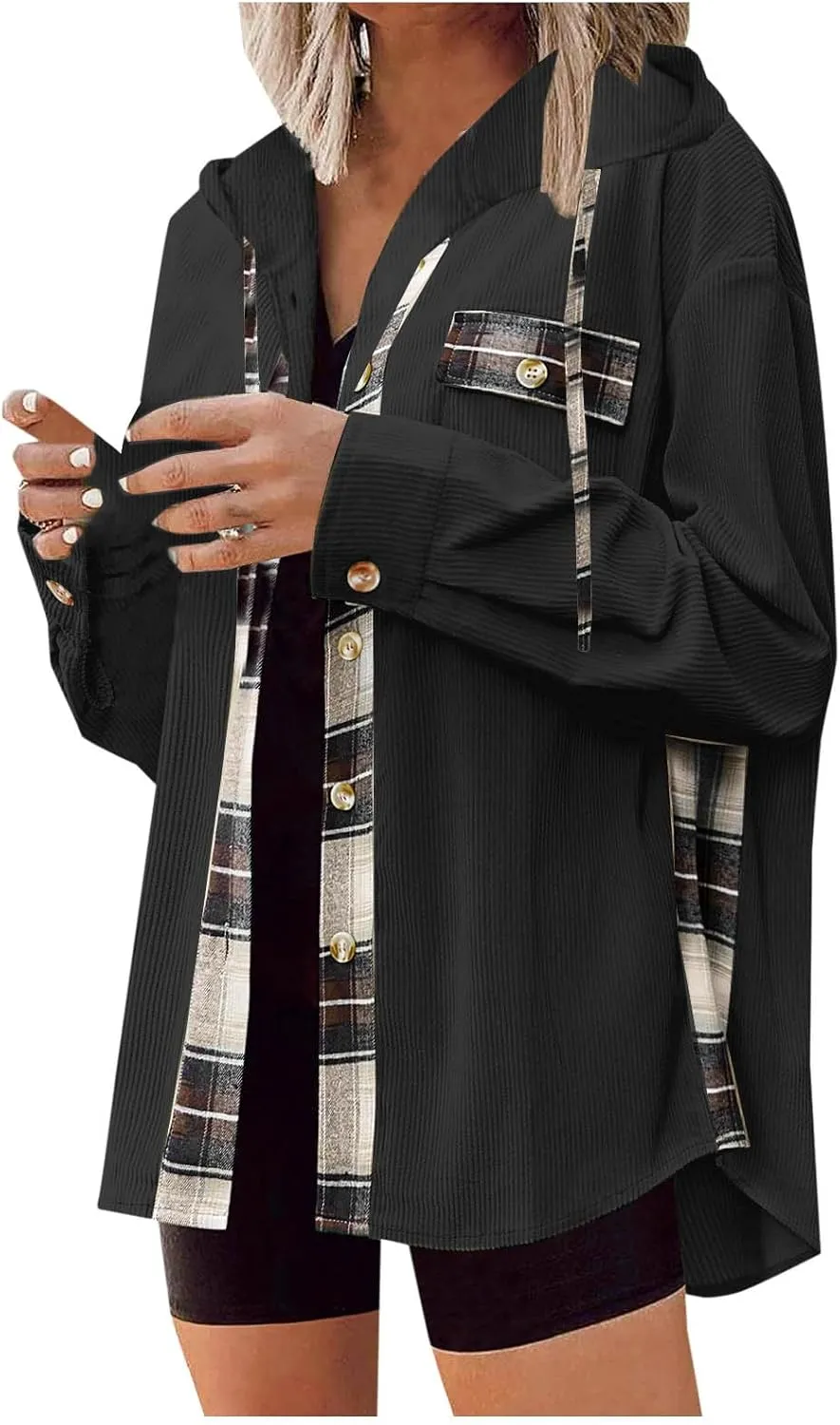 Womens Oversized Corduroy Shacket Plaid Jackets Flannel Hoodie Button Down Long Sleeve Shirts Tops Cute Fall Outfits