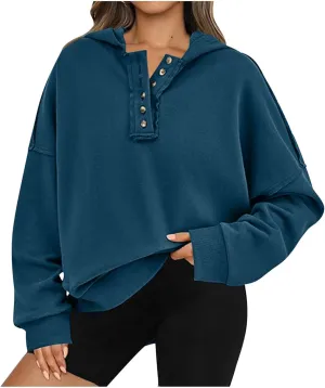 Womens Oversized Hoodies Button Down Long Sleeve Hooded Sweatshirts Fashion Solid Color Pullover Tops Fall Clothes 2024