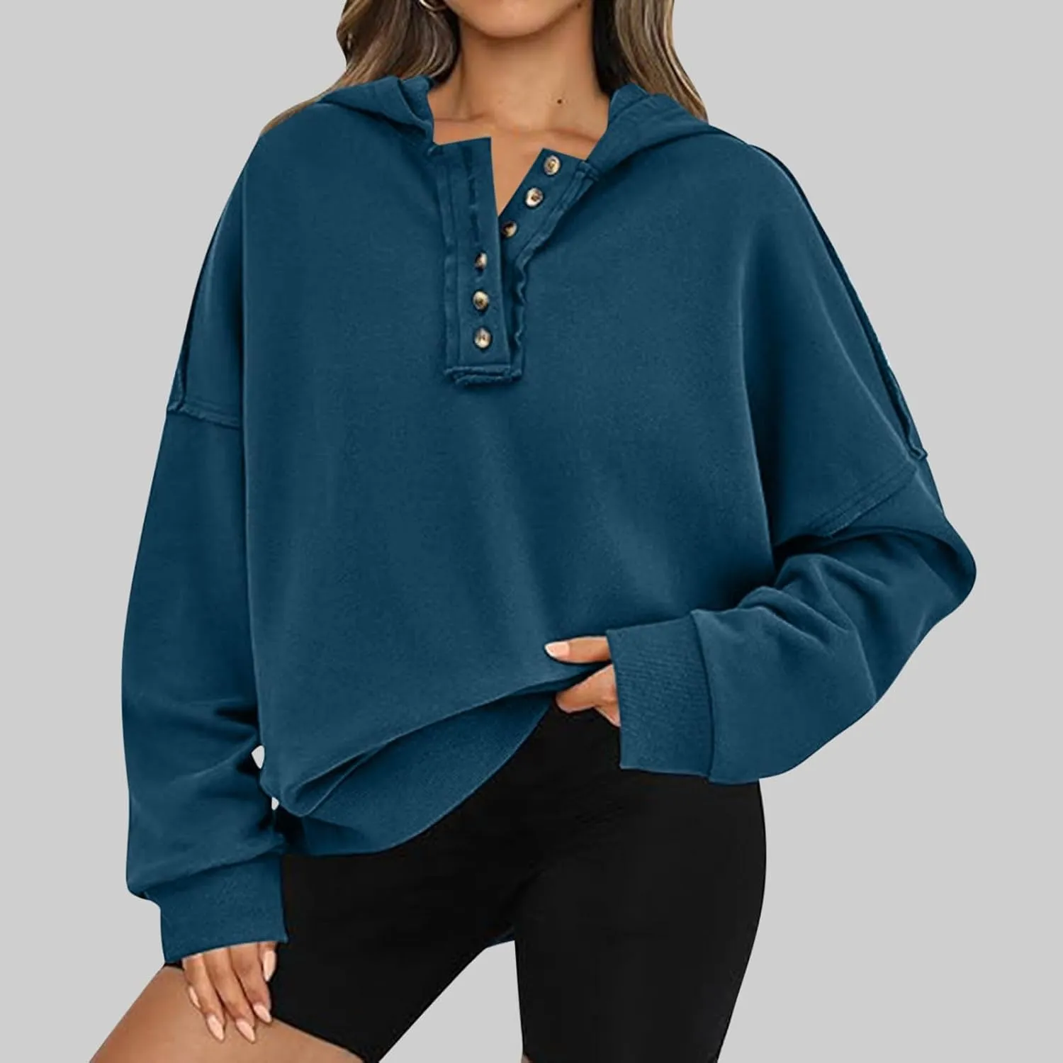 Womens Oversized Hoodies Button Down Long Sleeve Hooded Sweatshirts Fashion Solid Color Pullover Tops Fall Clothes 2024