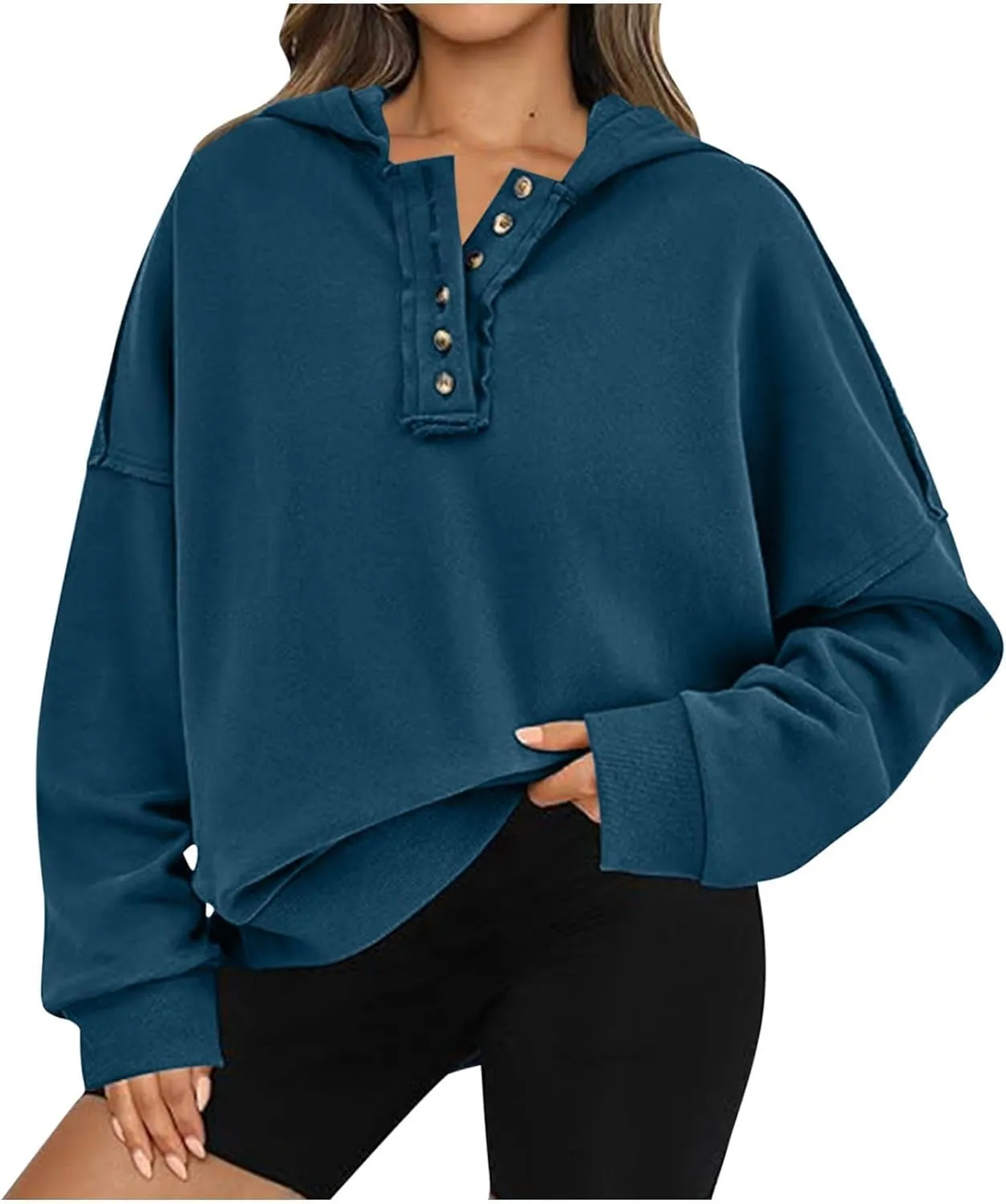 Womens Oversized Hoodies Button Down Long Sleeve Hooded Sweatshirts Fashion Solid Color Pullover Tops Fall Clothes 2024