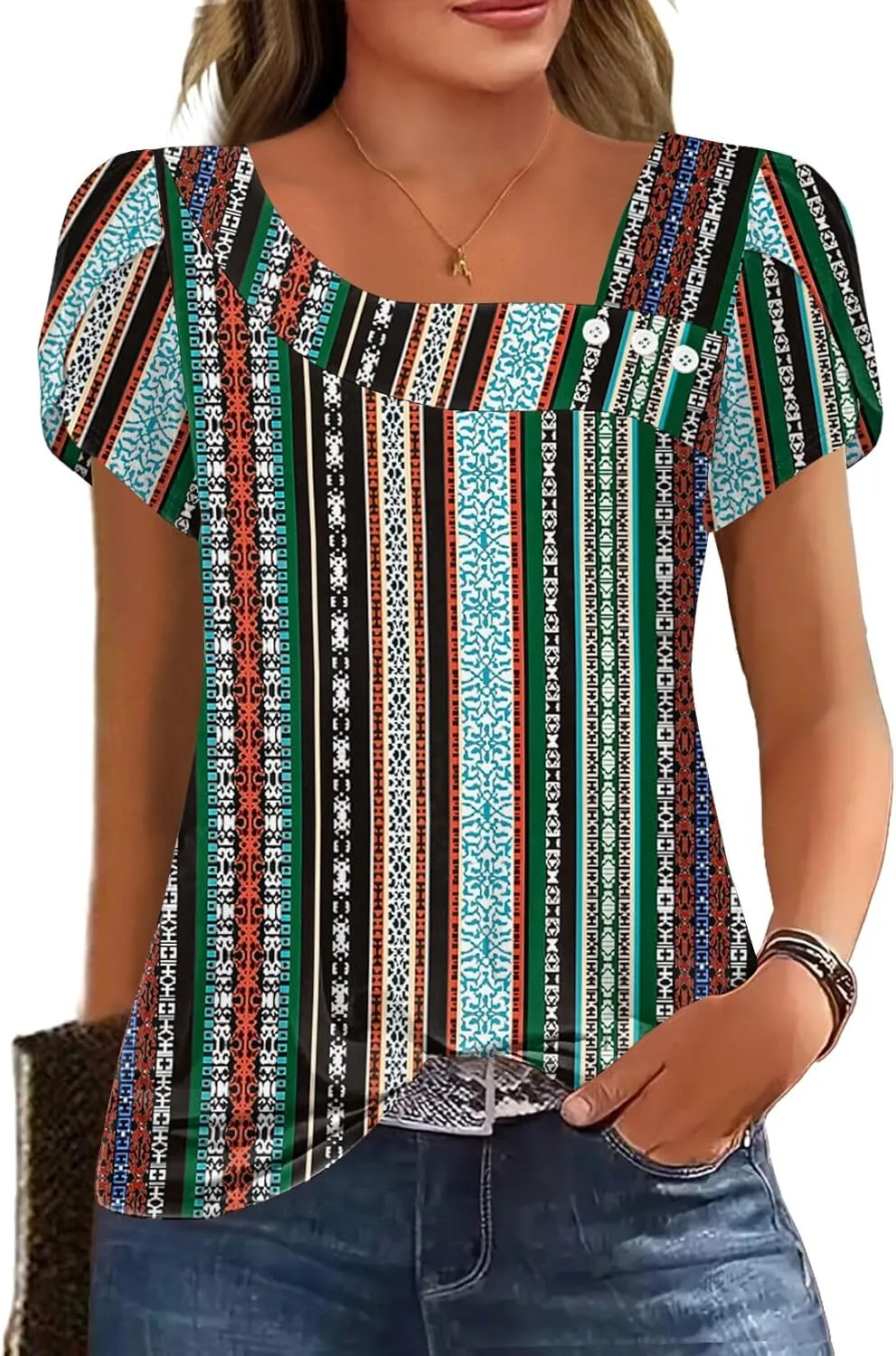 Womens Petal Sleeve Tops Summer Trendy T Shirt Casual Loose Square Neck Button Blouse Tees