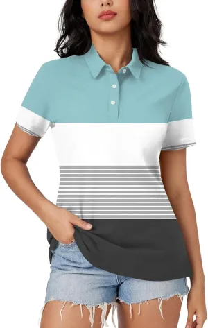Women's Polo Shirts Short Sleeve Comfortable Breathable Wicking Shirt Solid Colour Stripe 3 Buttons Lapels Casual Tops
