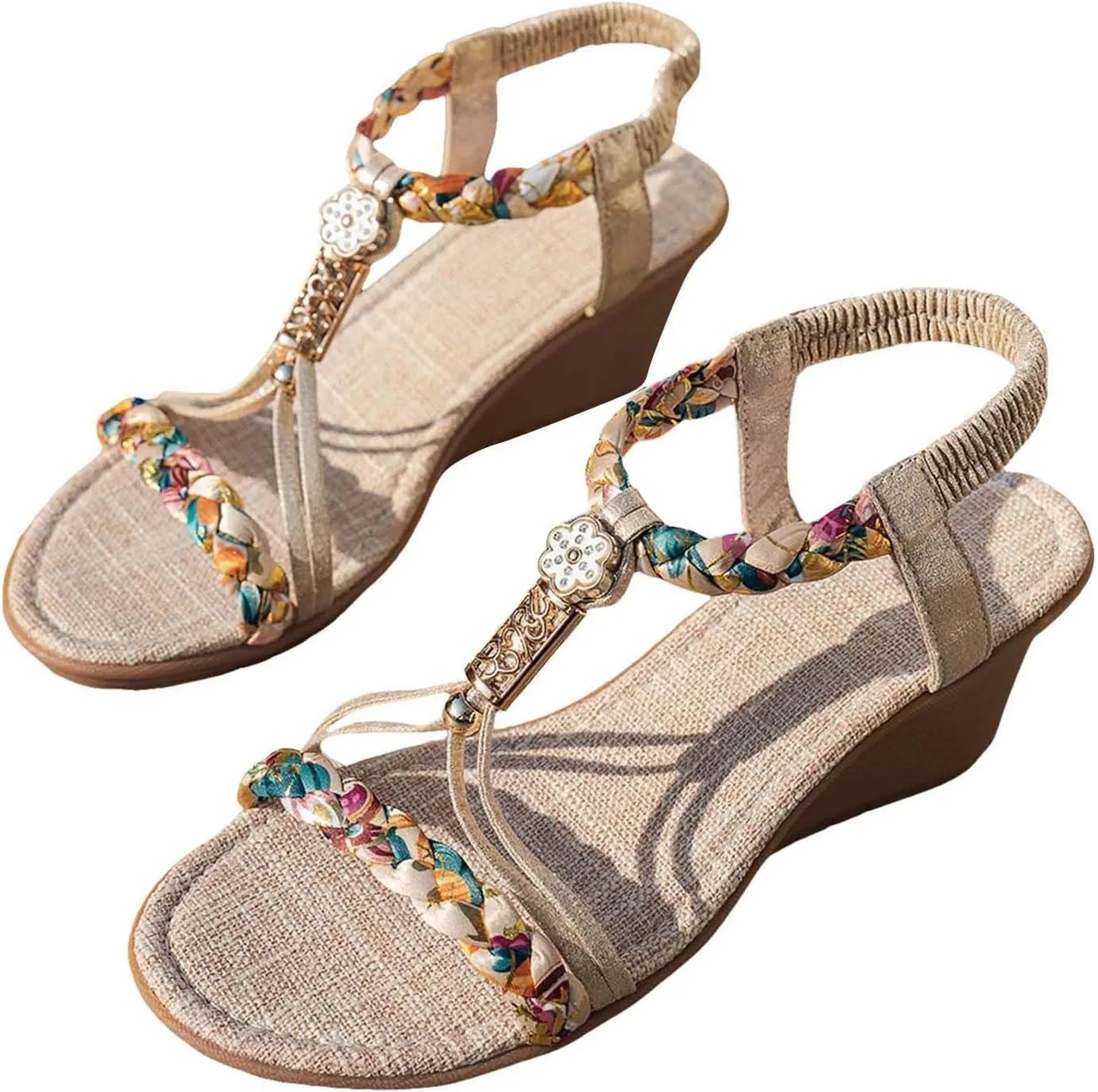 Women's Rhinestone Wedge Sandals 2025 Summer Bohemian Stylish Open Toe Beaded Rope Platform Sandals Comfortable Walking Non Slip Beach Bohemian Casual Sandal with Arch Support