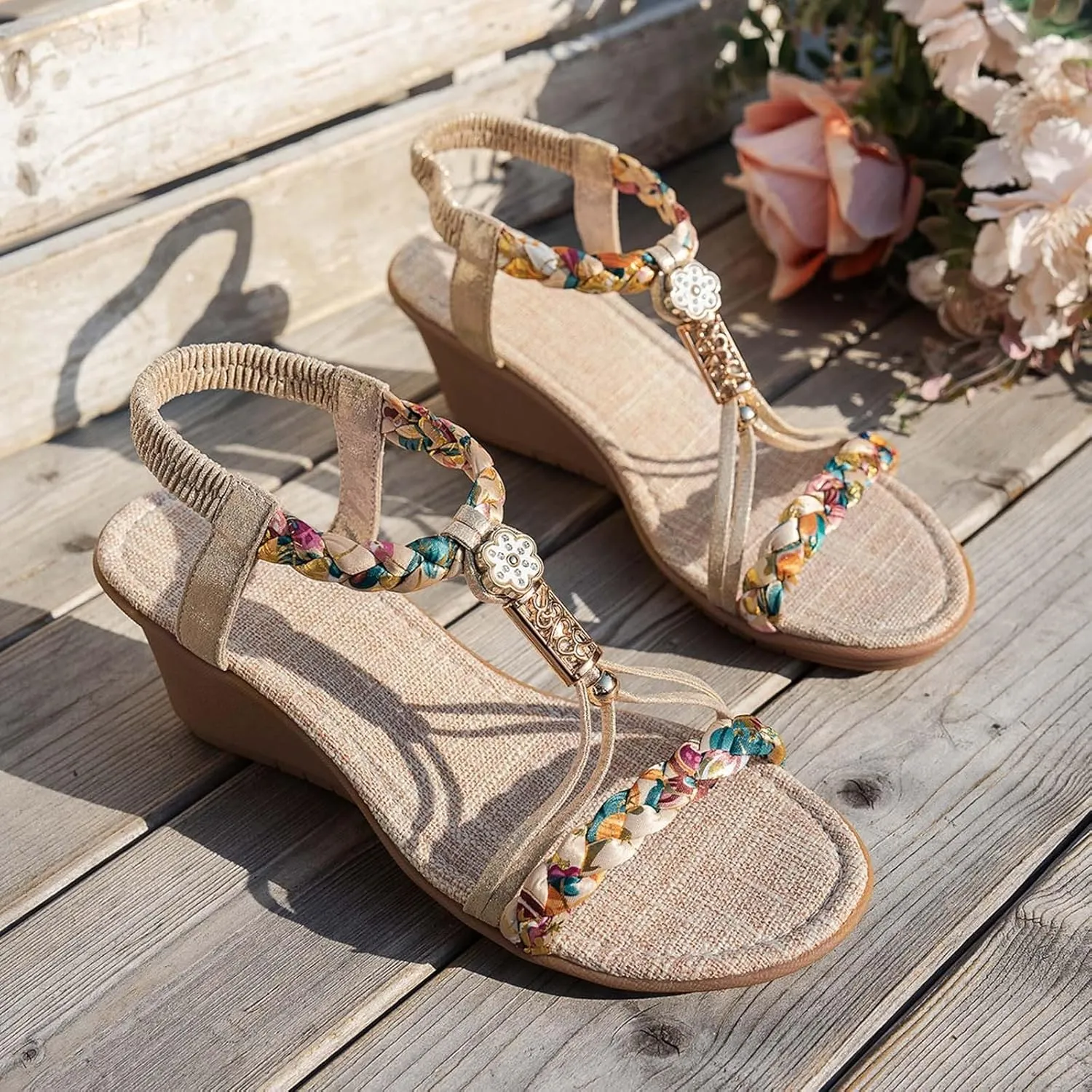 Women's Rhinestone Wedge Sandals 2025 Summer Bohemian Stylish Open Toe Beaded Rope Platform Sandals Comfortable Walking Non Slip Beach Bohemian Casual Sandal with Arch Support