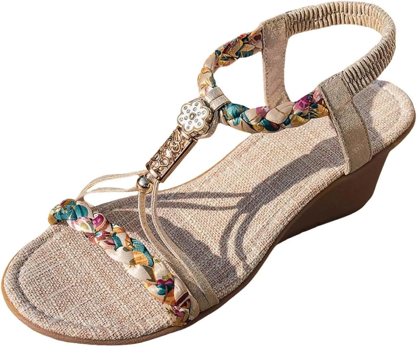 Women's Rhinestone Wedge Sandals 2025 Summer Bohemian Stylish Open Toe Beaded Rope Platform Sandals Comfortable Walking Non Slip Beach Bohemian Casual Sandal with Arch Support