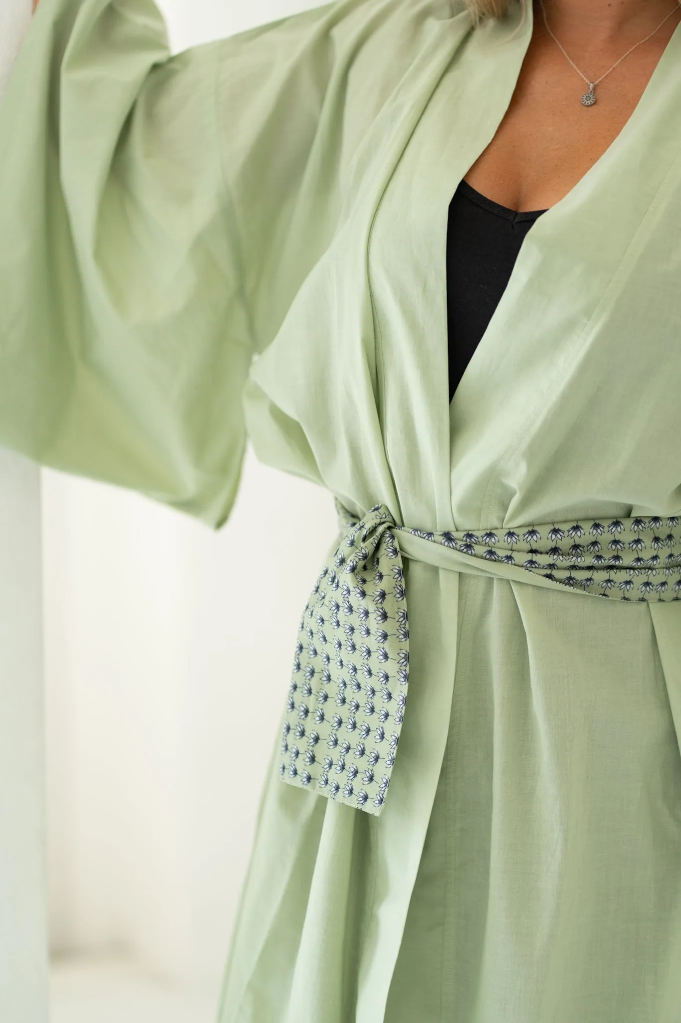 Women's Sage Green Kimono Sleeve Robe with Reversible Belt