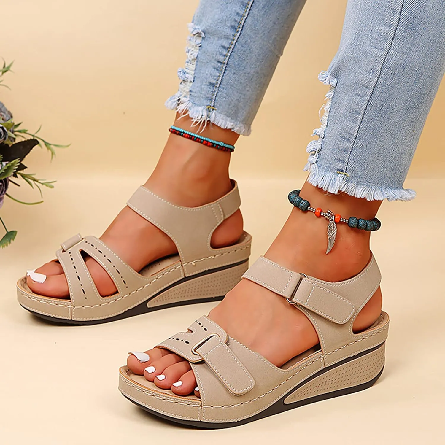 Women's Sandals Summer Casual Platform Wedge Open Toe Sandals Orthotic Arch Support Hook and Loop Sandals