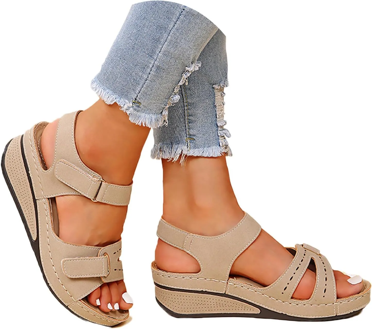 Women's Sandals Summer Casual Platform Wedge Open Toe Sandals Orthotic Arch Support Hook and Loop Sandals