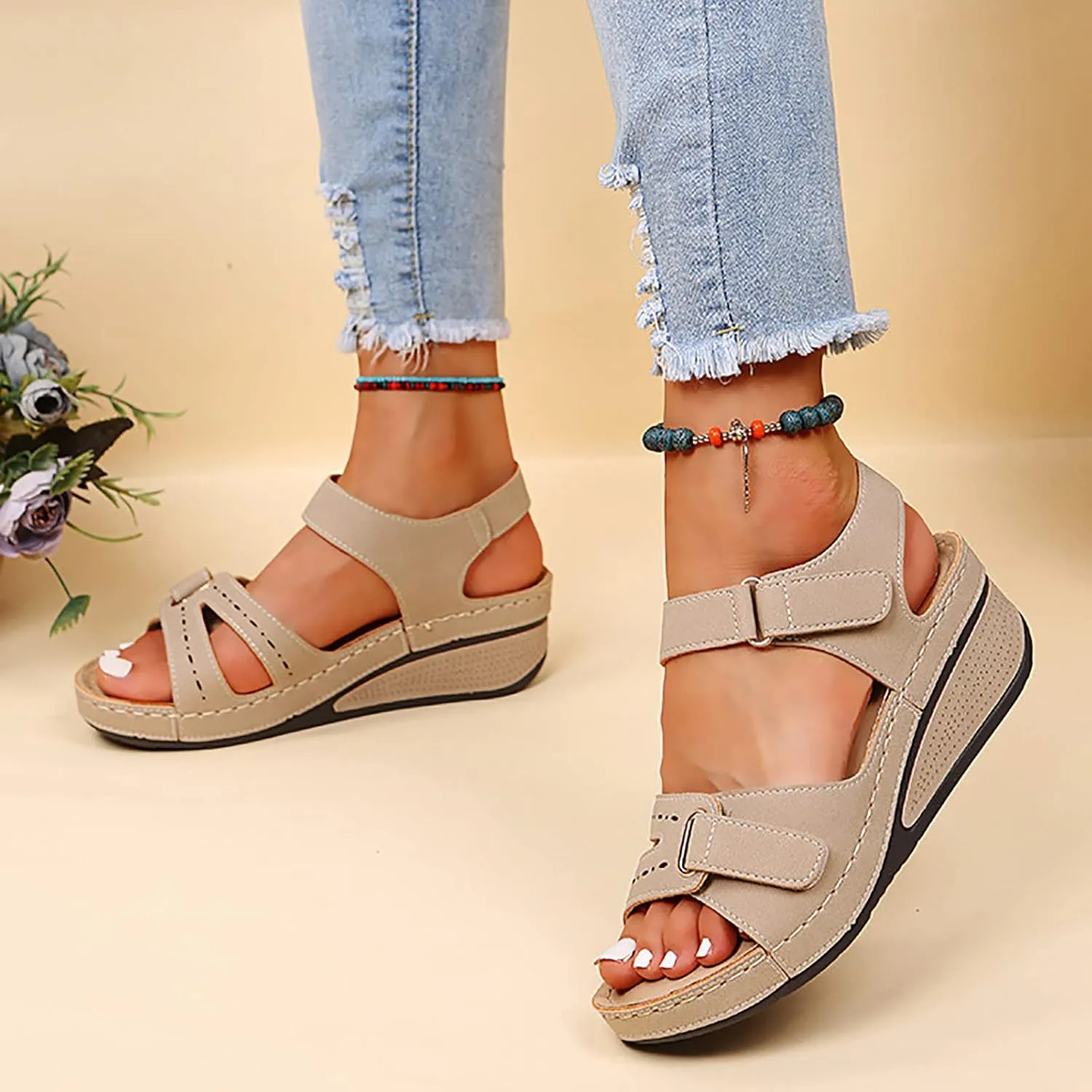 Women's Sandals Summer Casual Platform Wedge Open Toe Sandals Orthotic Arch Support Hook and Loop Sandals