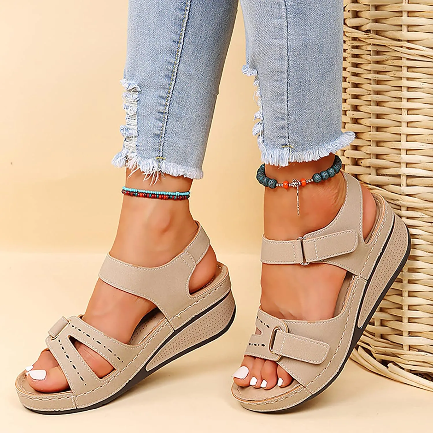 Women's Sandals Summer Casual Platform Wedge Open Toe Sandals Orthotic Arch Support Hook and Loop Sandals