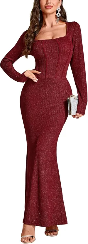 Women's Sequin Bodycon Maxi Dress Fall Fashion Long Sleeve Square Neck Formal Party Evening Dresses
