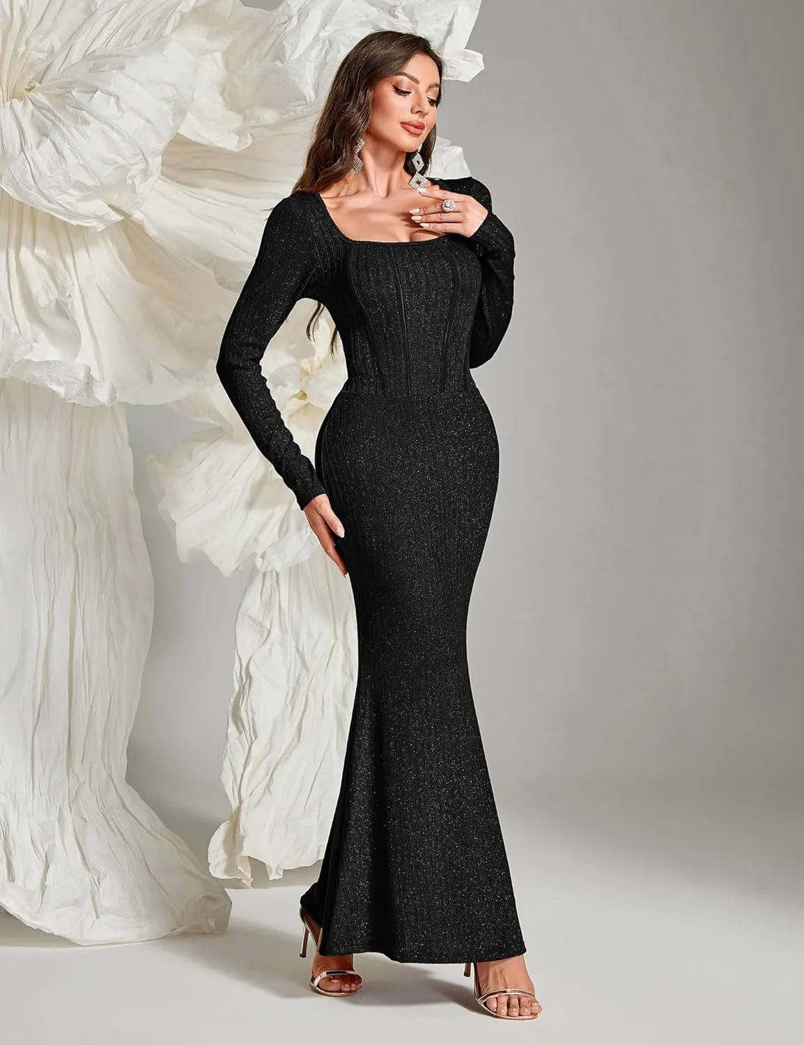 Women's Sequin Bodycon Maxi Dress Fall Fashion Long Sleeve Square Neck Formal Party Evening Dresses