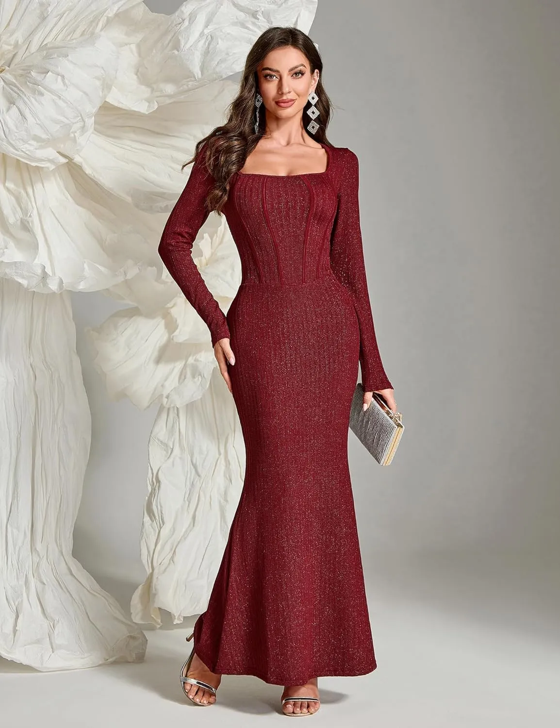 Women's Sequin Bodycon Maxi Dress Fall Fashion Long Sleeve Square Neck Formal Party Evening Dresses