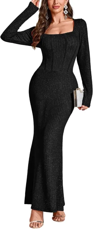 Women's Sequin Bodycon Maxi Dress Fall Fashion Long Sleeve Square Neck Formal Party Evening Dresses