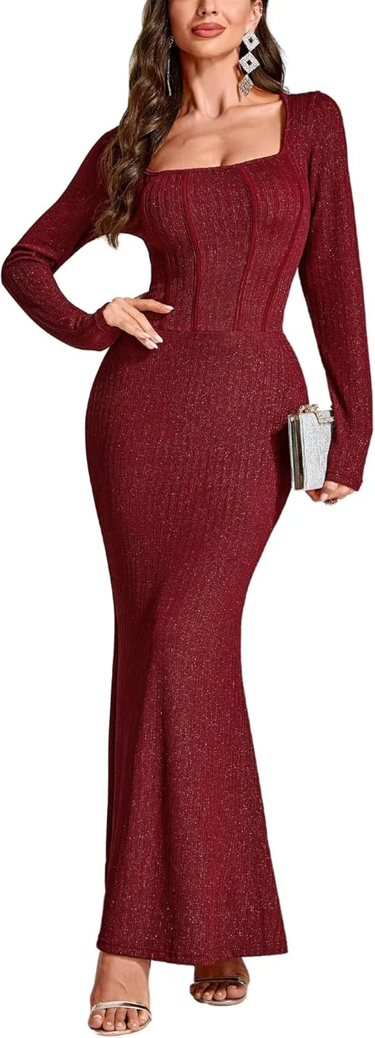 Women's Sequin Bodycon Maxi Dress Fall Fashion Long Sleeve Square Neck Formal Party Evening Dresses