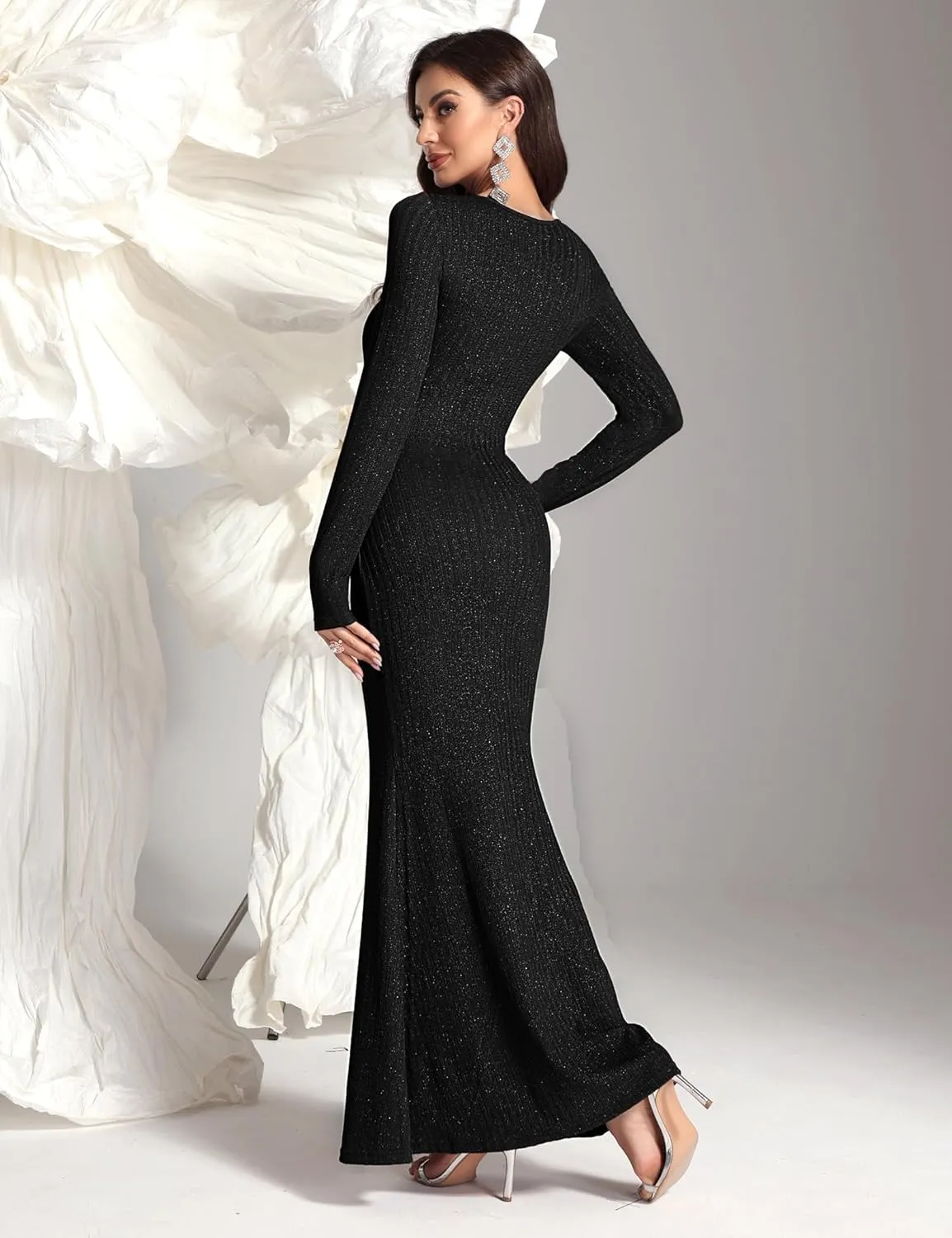 Women's Sequin Bodycon Maxi Dress Fall Fashion Long Sleeve Square Neck Formal Party Evening Dresses
