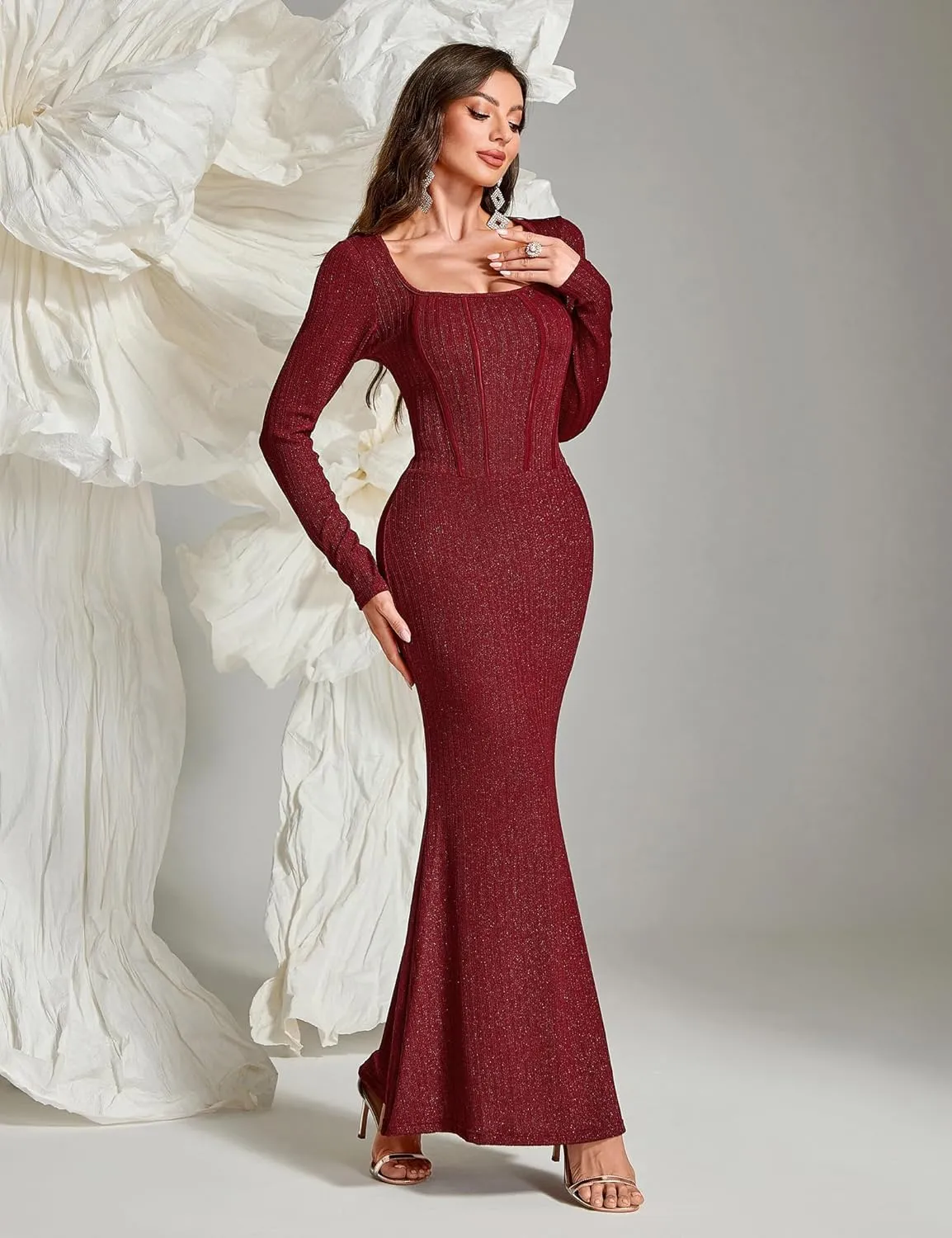 Women's Sequin Bodycon Maxi Dress Fall Fashion Long Sleeve Square Neck Formal Party Evening Dresses