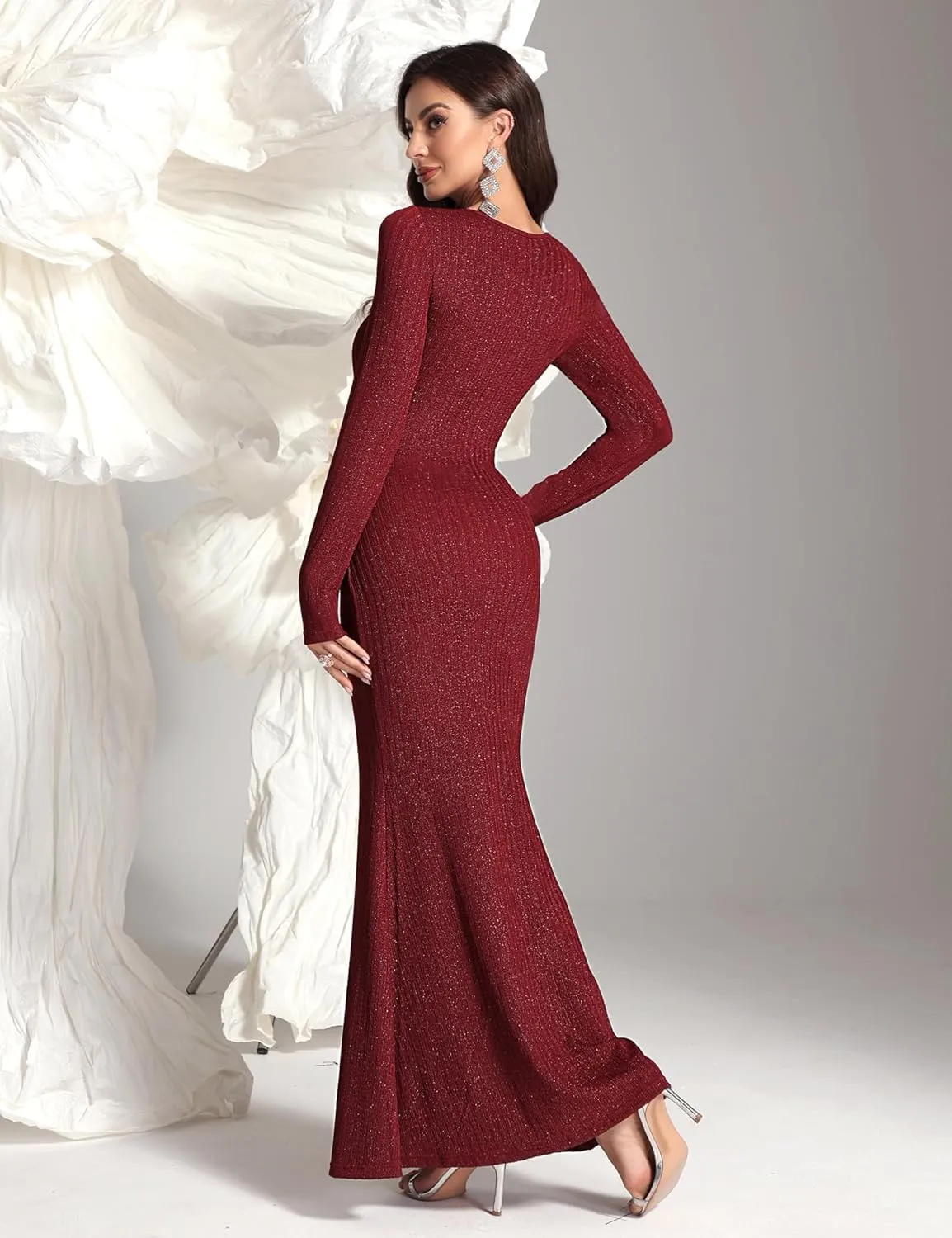 Women's Sequin Bodycon Maxi Dress Fall Fashion Long Sleeve Square Neck Formal Party Evening Dresses