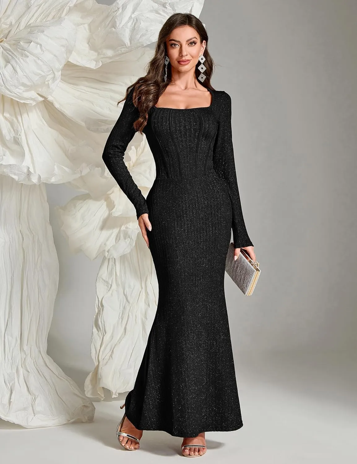 Women's Sequin Bodycon Maxi Dress Fall Fashion Long Sleeve Square Neck Formal Party Evening Dresses